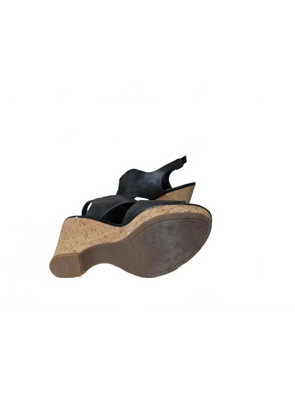 Franco Sarto Black Leather Peep-Toe Platform Wedge Sandals with Cork Heel 9.5